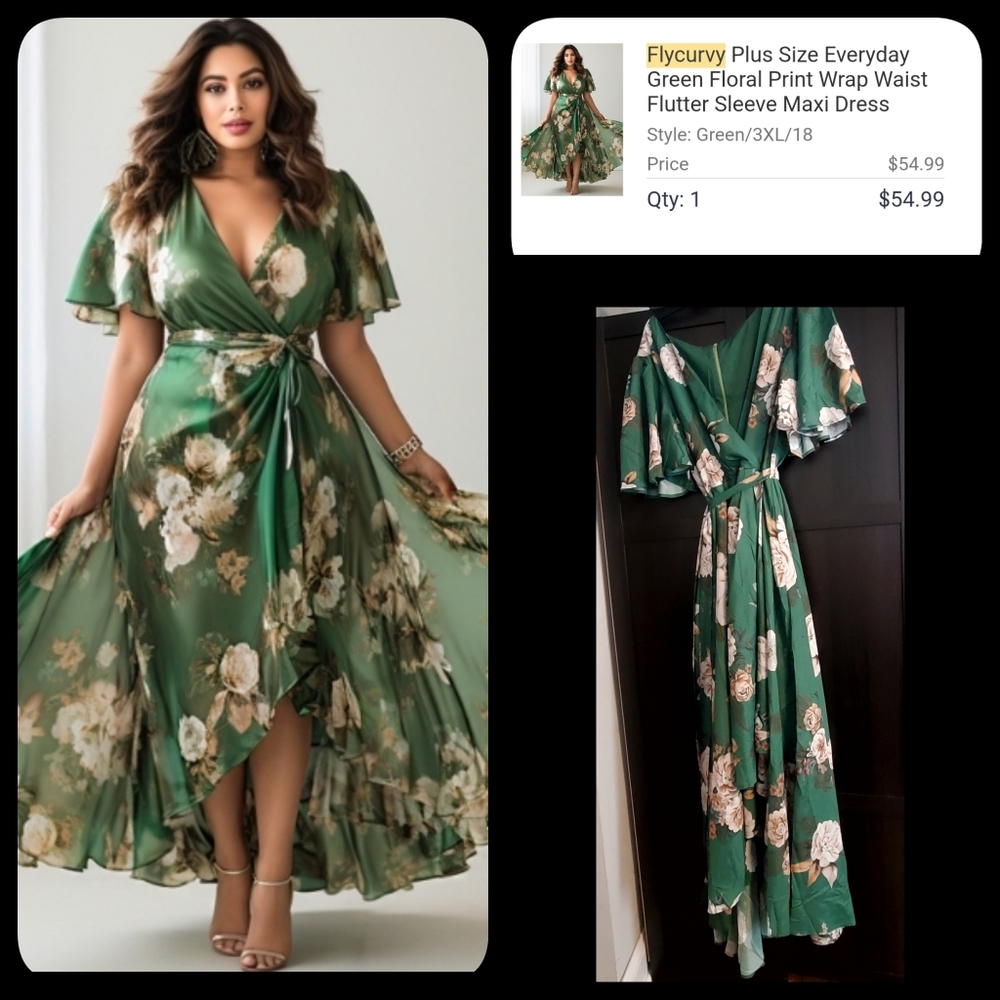 Beautiful Green Floral Flycurvy , Size 18 dress